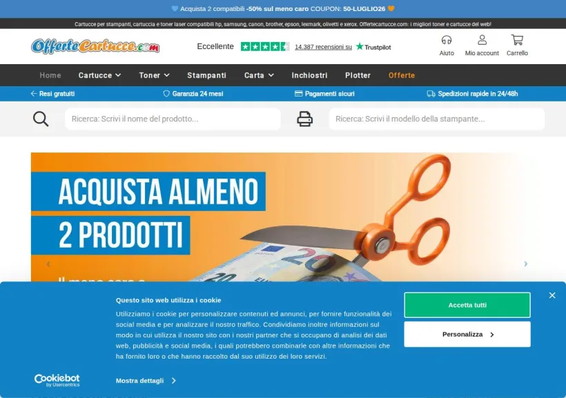 Schermata della pagina offerta di OfferteCartucce