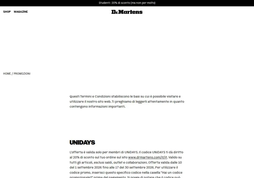 Schermata della pagina offerta di Dr Martens