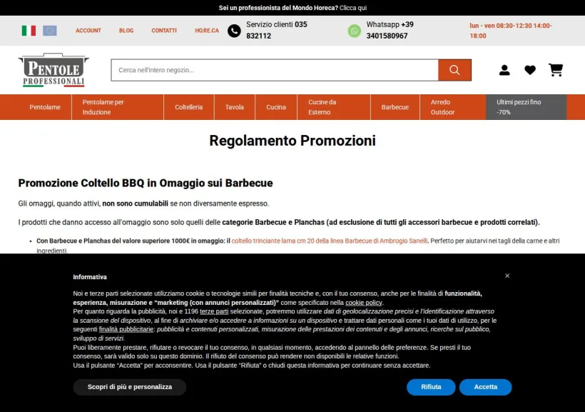 Schermata della pagina offerta di Pentole Professionali