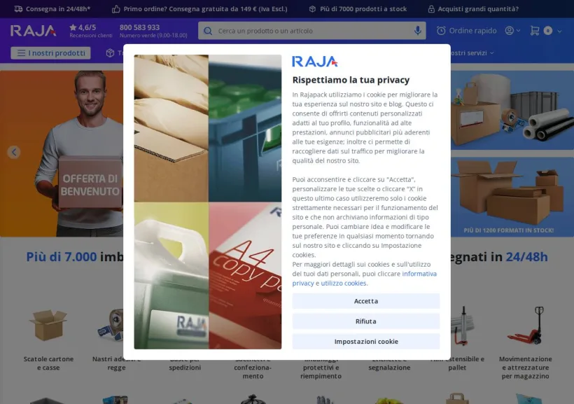 Schermata della pagina offerta di Rajapack