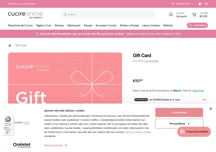 Schermata della pagina offerta di Cucire Online