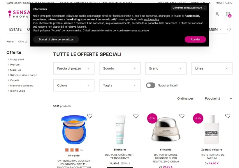Schermata della pagina offerta di SensationProfumerie