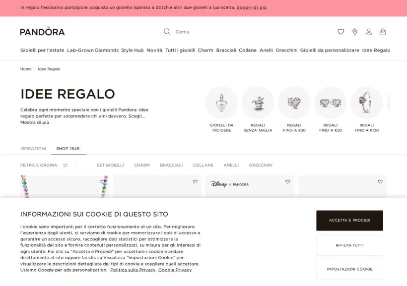 Schermata della pagina offerta di Pandora
