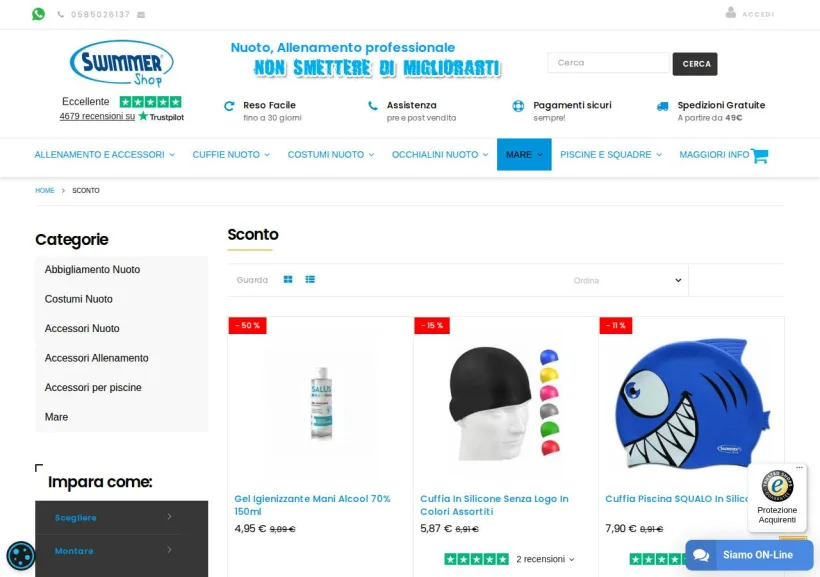 Schermata della pagina offerta di Swimmershop