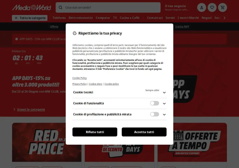 Schermata della pagina offerta di Mediaworld