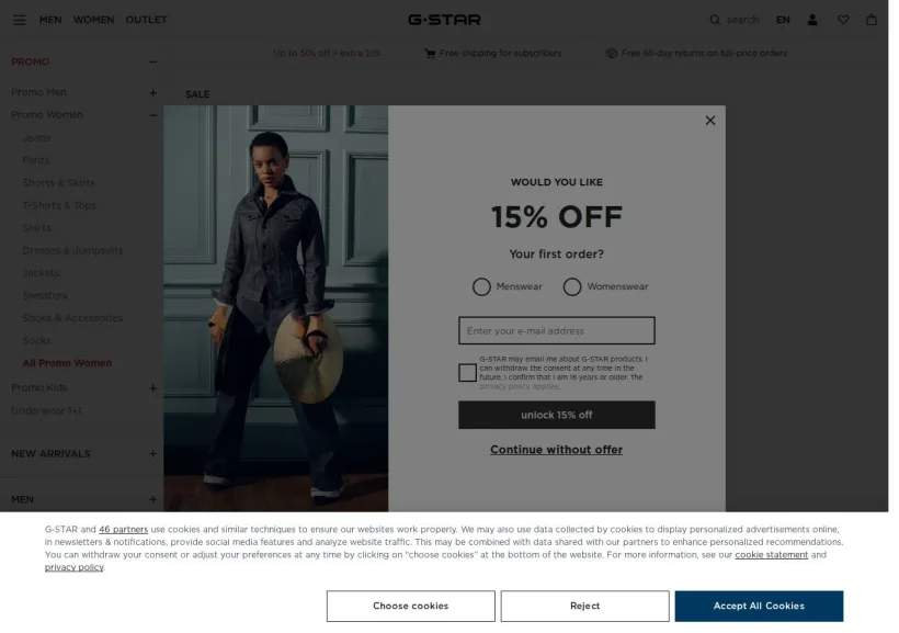 Schermata della pagina offerta di G-Star