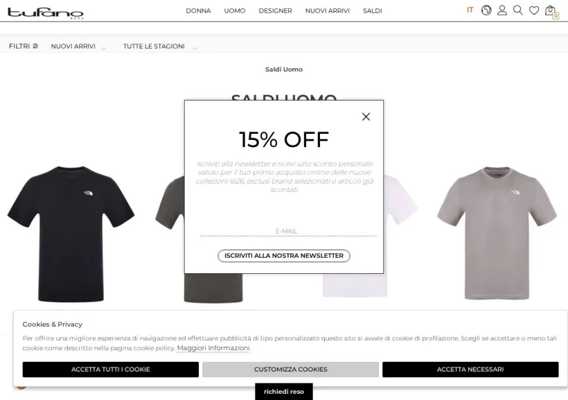 Schermata della pagina offerta di Tufano Moda