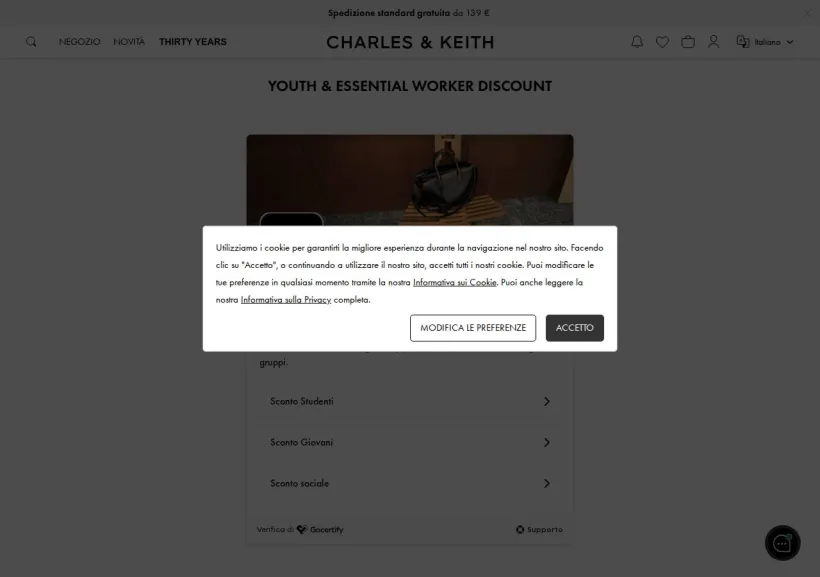 Schermata della pagina offerta di Charles & Keith