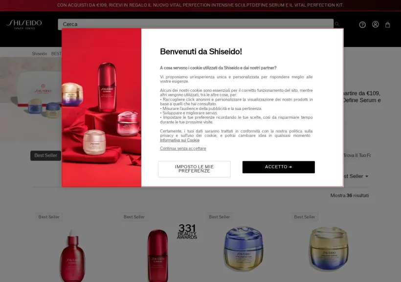 Schermata della pagina offerta di Shiseido