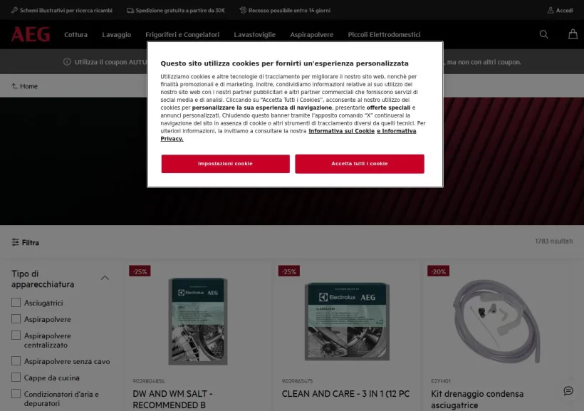 Schermata della pagina offerta di AEG