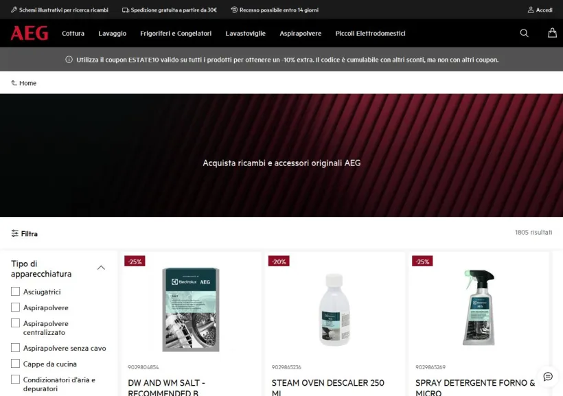 Schermata della pagina offerta di AEG